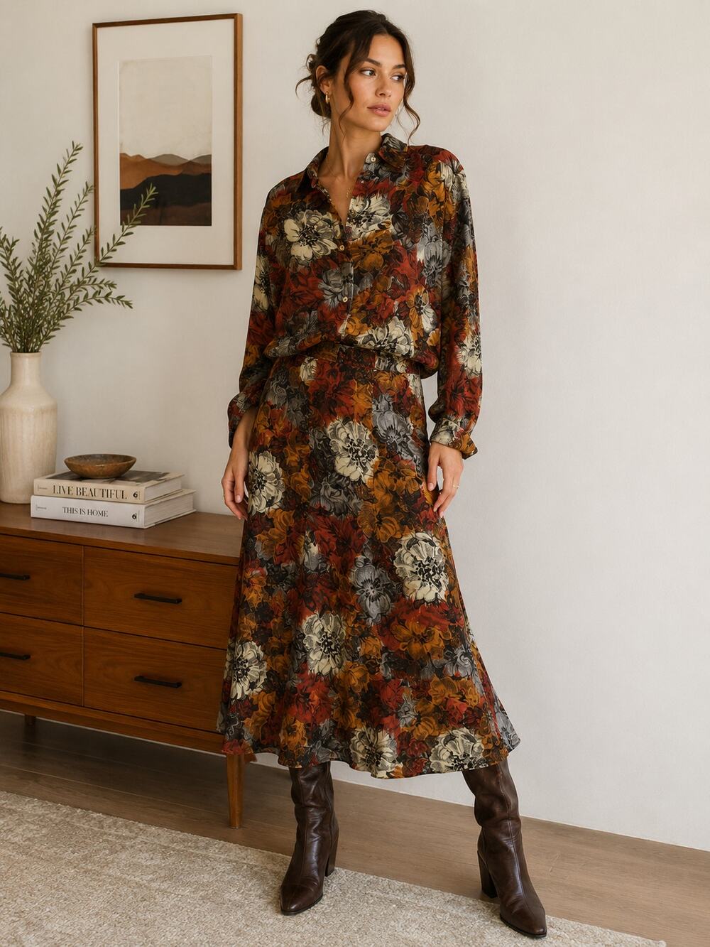 Vintage Kenar 100% Rayon Floral Two Piece Shirt Midi Skirt Set Size 4 90s ✨
